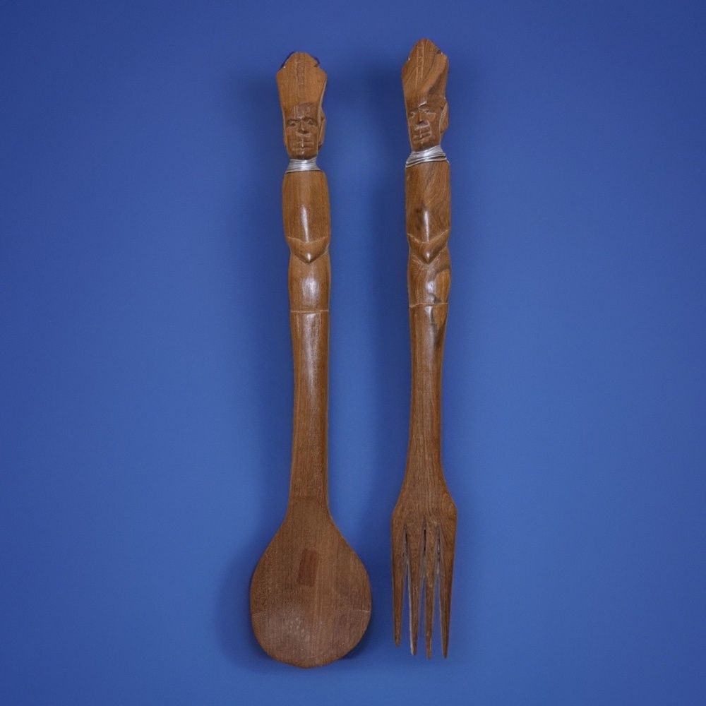 Vintage African Hand-carved Wooden Decorative Utensils - Large Spoon & Fork